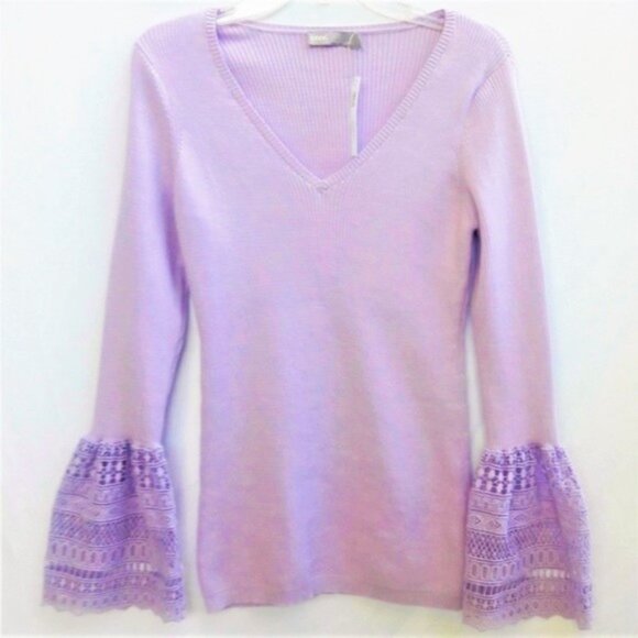 NEW Asos Lilac Knit Sweater Pullover V Neck Fluted Lace Sleeve Cuffs M - Picture 1 of 8
